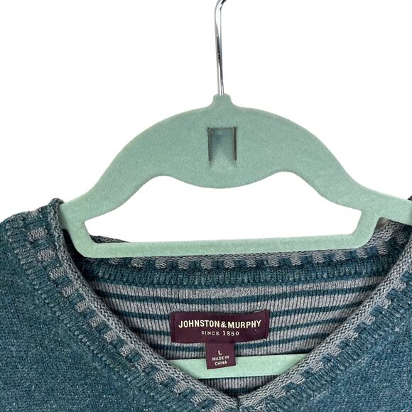 Johnston Murphy Mens Knit Sweater Merino Wool Blend‎ V Neck Green Gray Size L - Picture 3 of 5